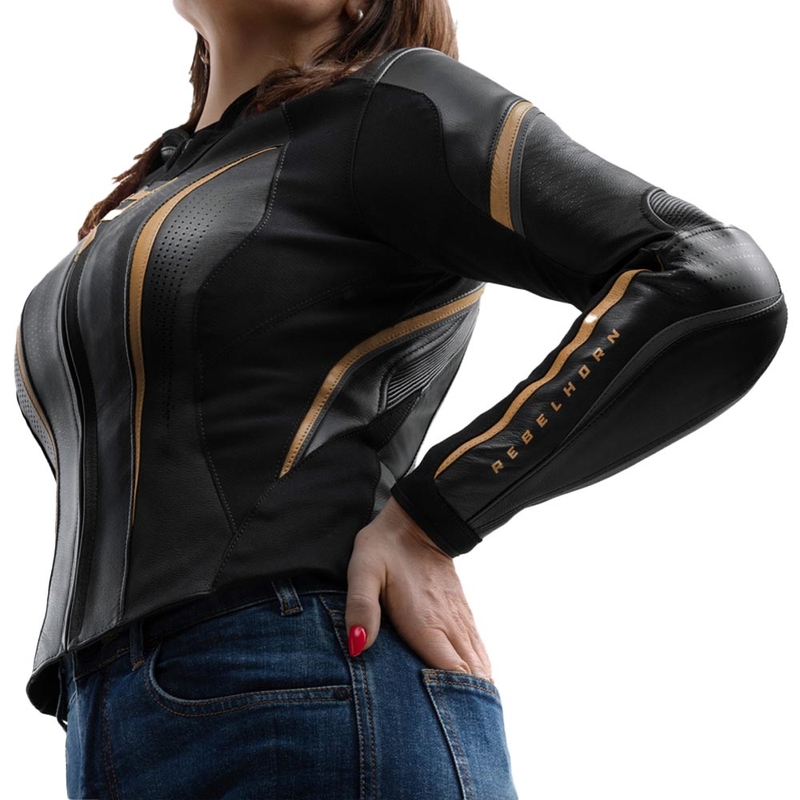 Blouson de moto en cuir pour femme Rebelhorn Diva ST noir et or