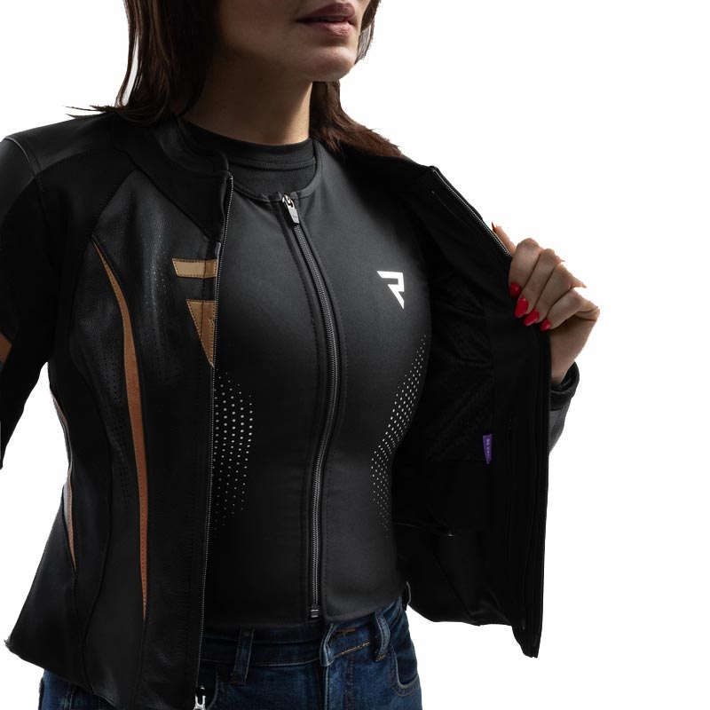 Blouson de moto en cuir pour femme Rebelhorn Diva ST noir et or