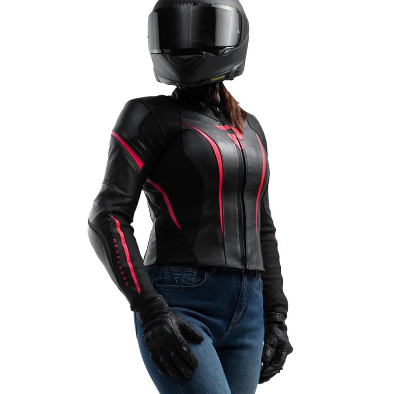 Veste de moto en cuir pour femme Rebelhorn Diva ST noir et rose