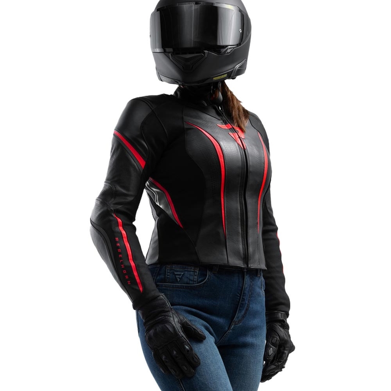 Blouson de moto en cuir pour femme Rebelhorn Diva ST noir-rouge-blanc