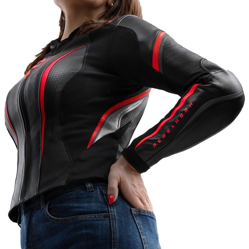 Blouson de moto en cuir pour femme Rebelhorn Diva ST noir-rouge-blanc