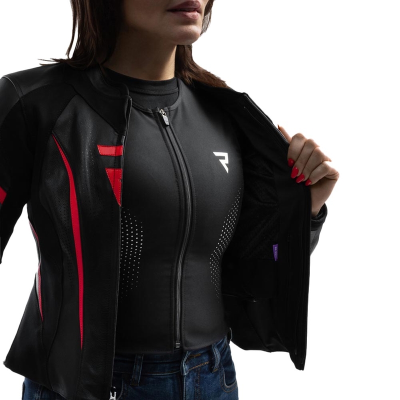 Blouson de moto en cuir pour femme Rebelhorn Diva ST noir-rouge-blanc