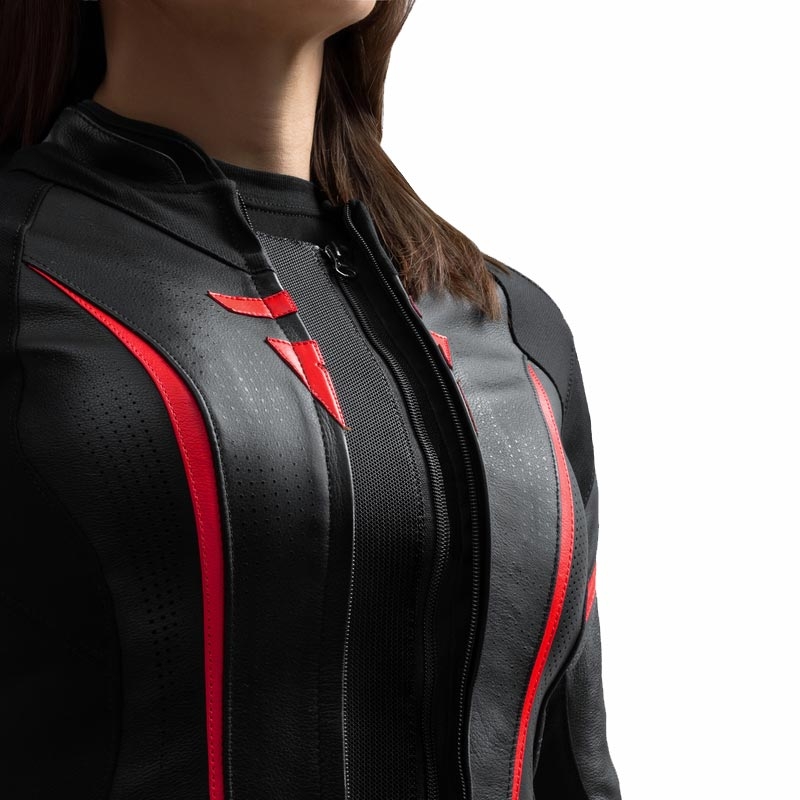 Blouson de moto en cuir pour femme Rebelhorn Diva ST noir-rouge-blanc