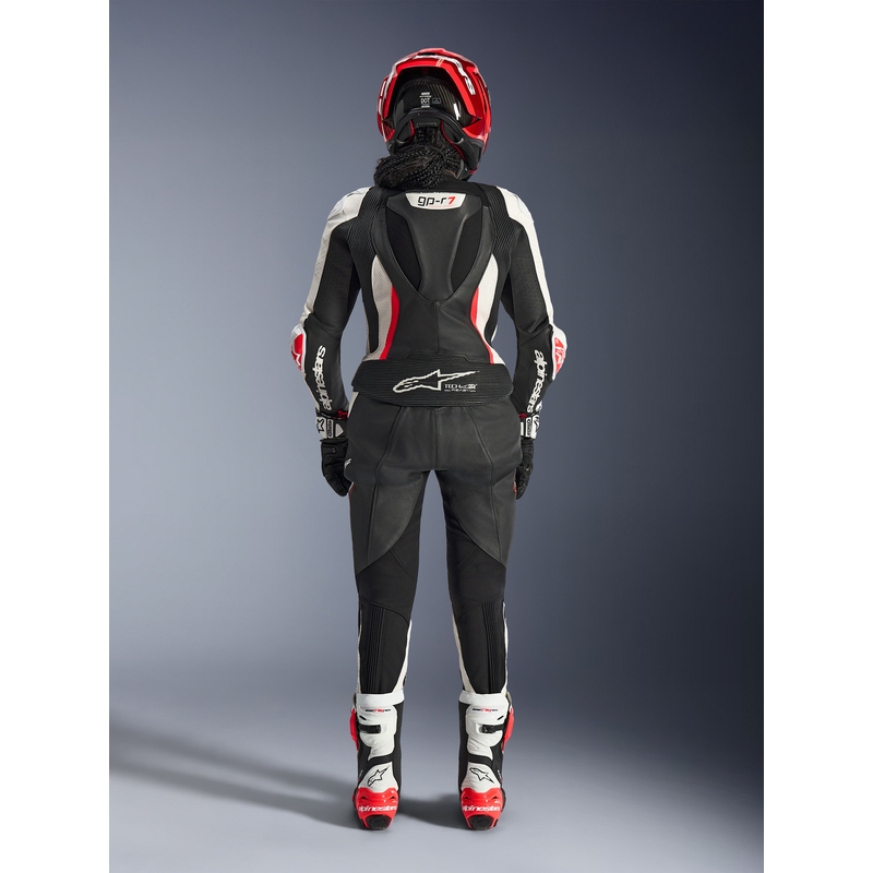Combinaison moto deux pièces en cuir Alpinestars Stella GP-R7 pour femme, noir, blanc et rouge fluo