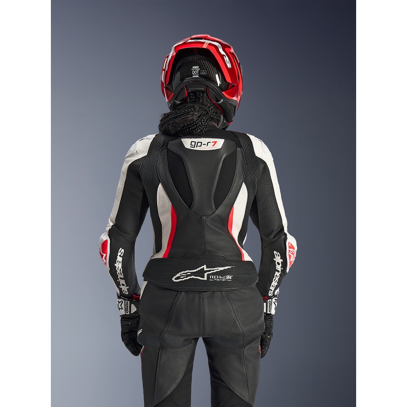 Combinaison moto deux pièces en cuir Alpinestars Stella GP-R7 pour femme, noir, blanc et rouge fluo