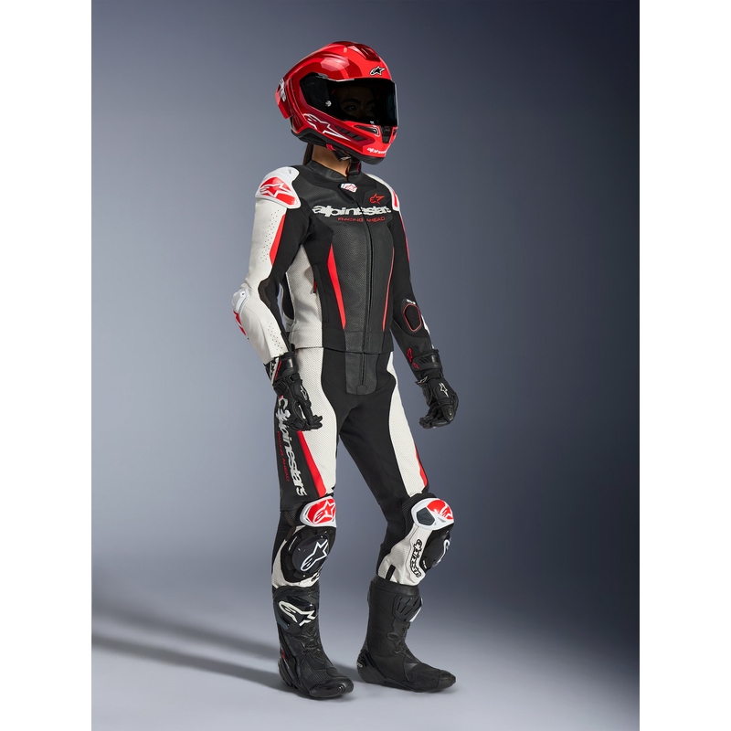 Combinaison moto deux pièces en cuir Alpinestars Stella GP-R7 pour femme, noir, blanc et rouge fluo