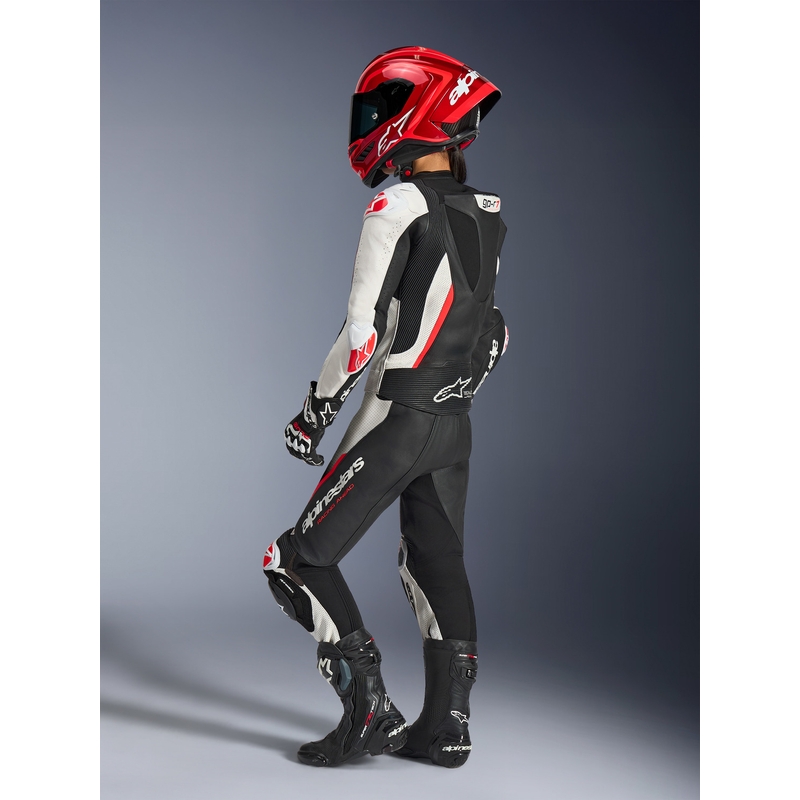 Combinaison moto deux pièces en cuir Alpinestars Stella GP-R7 pour femme, noir, blanc et rouge fluo