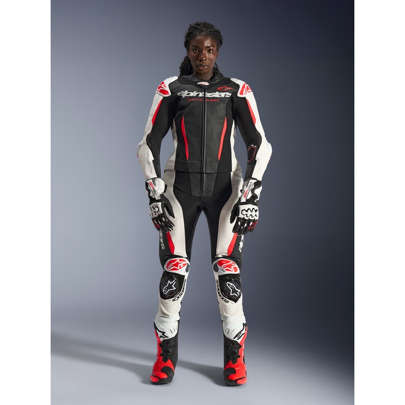 Combinaison moto deux pièces en cuir Alpinestars Stella GP-R7 pour femme, noir, blanc et rouge fluo