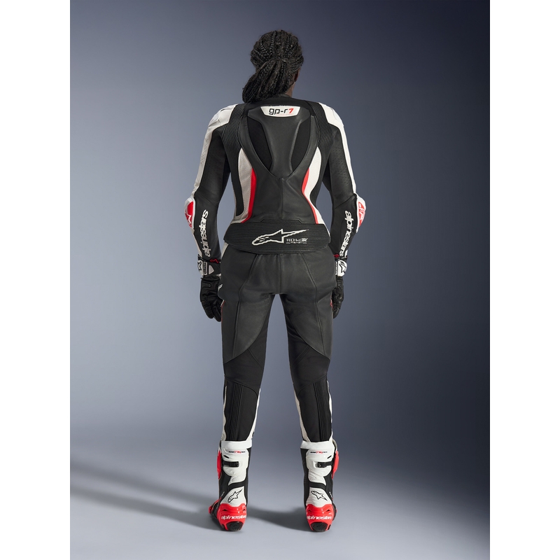 Combinaison moto deux pièces en cuir Alpinestars Stella GP-R7 pour femme, noir, blanc et rouge fluo
