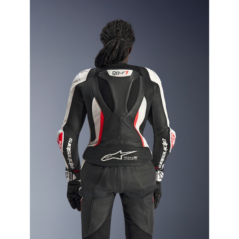 Combinaison moto deux pièces en cuir Alpinestars Stella GP-R7 pour femme, noir, blanc et rouge fluo