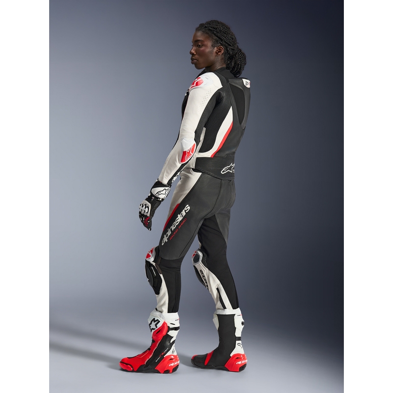 Combinaison moto deux pièces en cuir Alpinestars Stella GP-R7 pour femme, noir, blanc et rouge fluo
