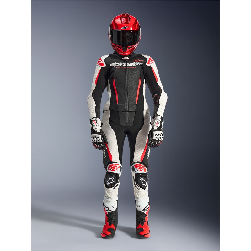 Combinaison moto deux pièces en cuir Alpinestars Stella GP-R7 pour femme, noir, blanc et rouge fluo