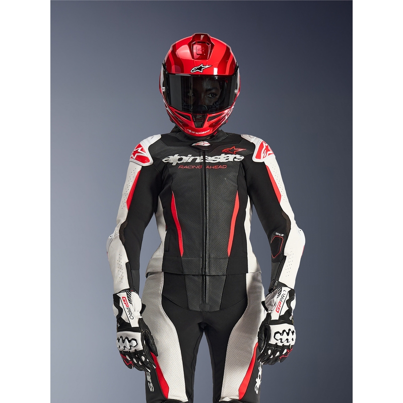 Combinaison moto deux pièces en cuir Alpinestars Stella GP-R7 pour femme, noir, blanc et rouge fluo