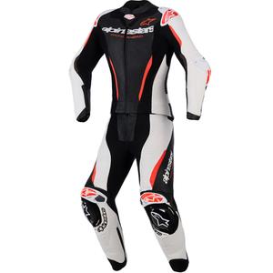 Combinaison moto deux pièces en cuir Alpinestars Stella GP-R7 pour femme, noir, blanc et rouge fluo