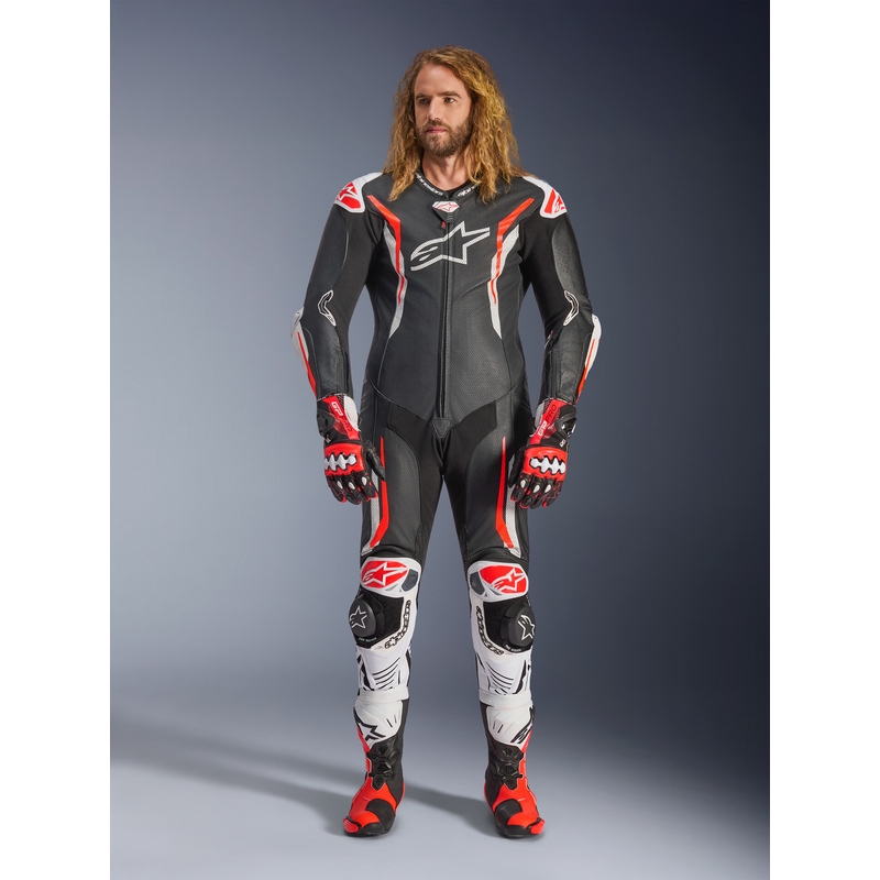 Combinaison de moto Alpinestars GP TECH V5 en cuir monobloc noir-blanc-rouge fluo