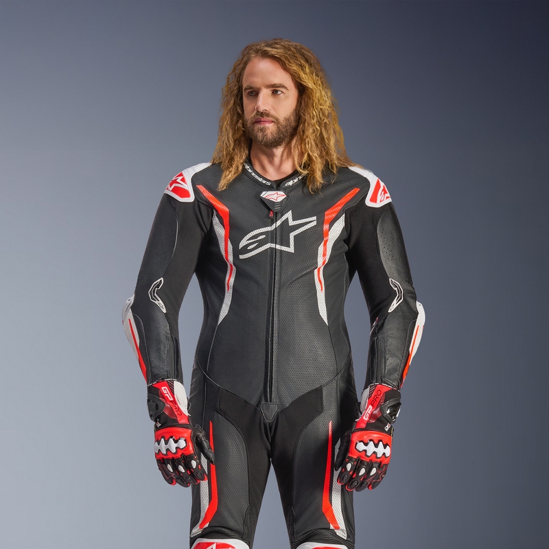 Combinaison de moto Alpinestars GP TECH V5 en cuir monobloc noir-blanc-rouge fluo