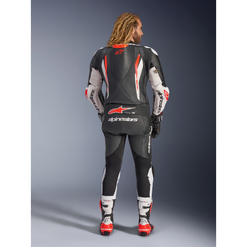 Combinaison de moto Alpinestars GP TECH V5 en cuir monobloc noir-blanc-rouge fluo