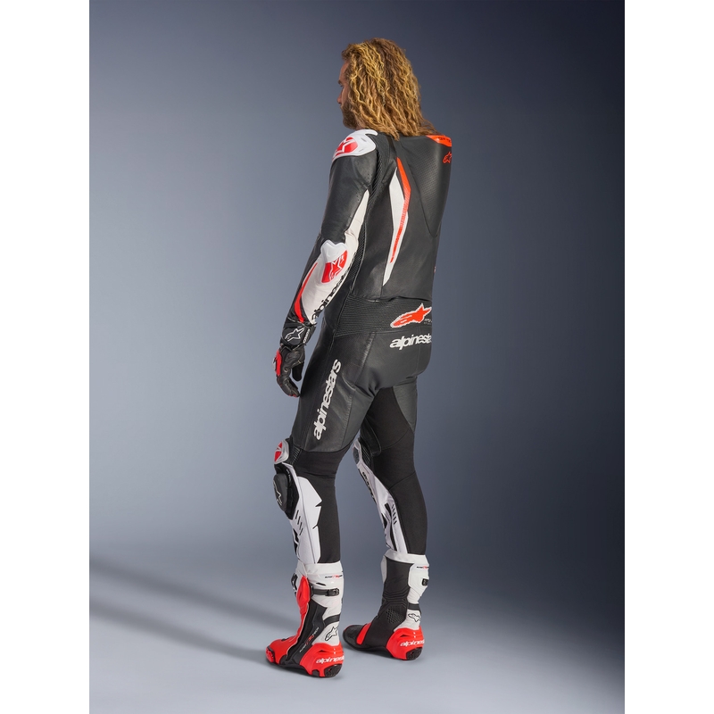 Combinaison de moto Alpinestars GP TECH V5 en cuir monobloc noir-blanc-rouge fluo
