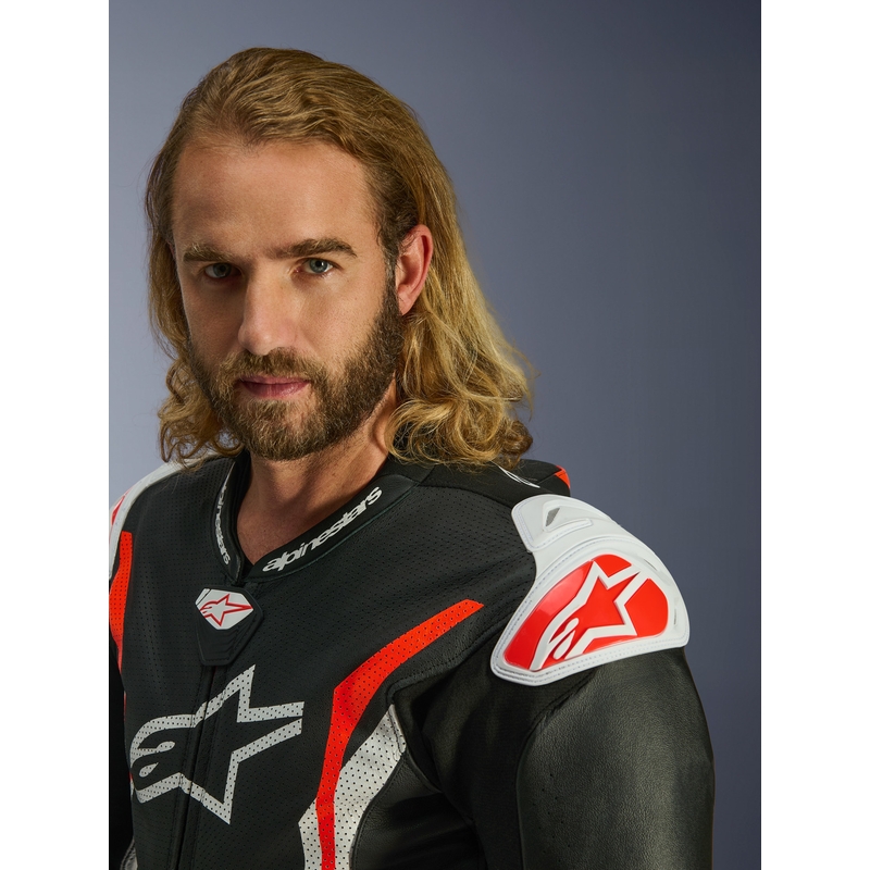 Combinaison de moto Alpinestars GP TECH V5 en cuir monobloc noir-blanc-rouge fluo