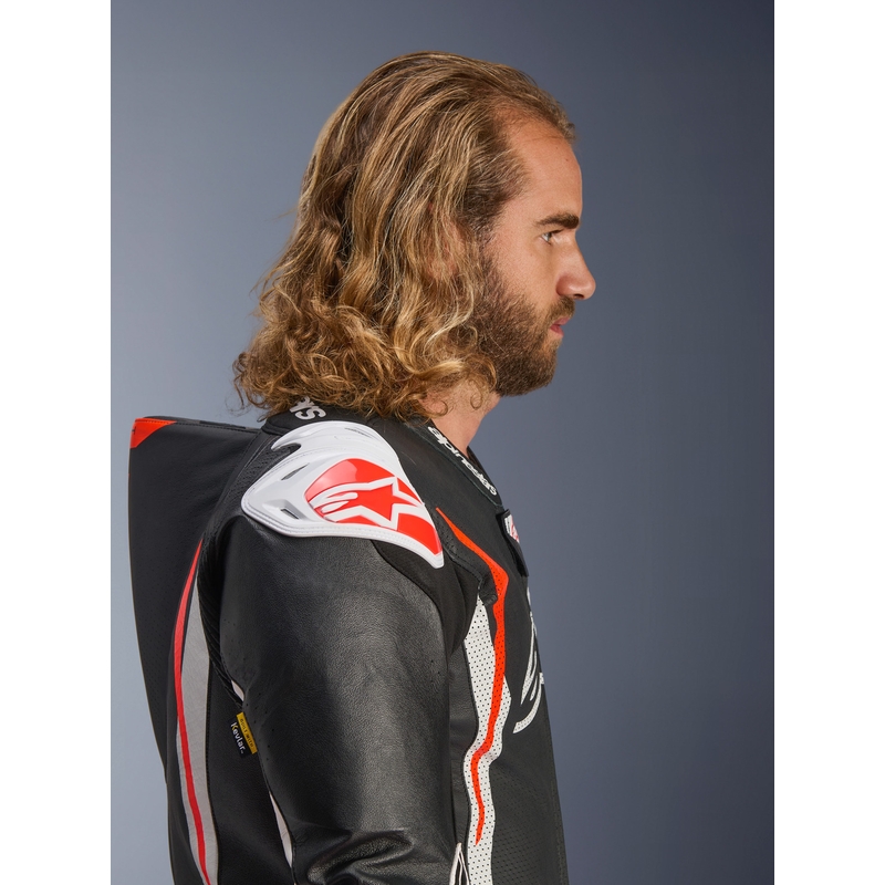 Combinaison de moto Alpinestars GP TECH V5 en cuir monobloc noir-blanc-rouge fluo