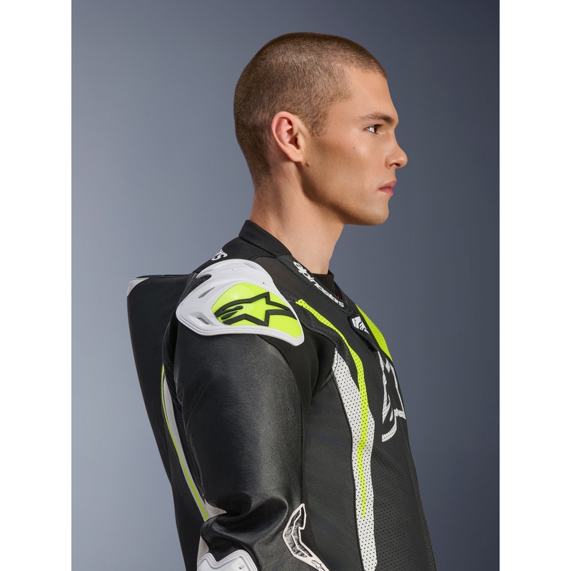 Combinaison de moto Alpinestars GP TECH V5 en cuir monobloc noir-blanc-jaune fluo