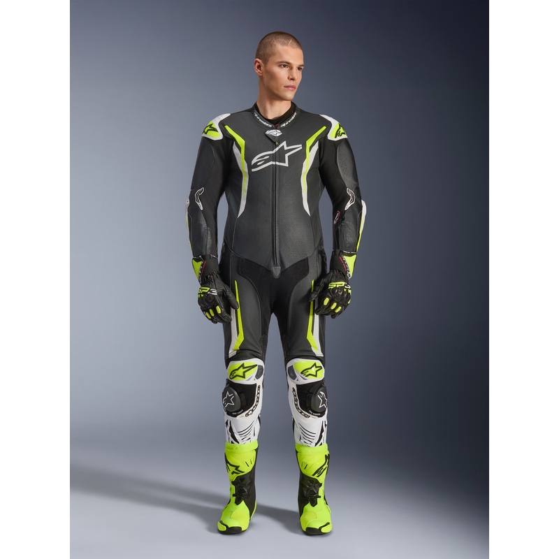 Combinaison de moto Alpinestars GP TECH V5 en cuir monobloc noir-blanc-jaune fluo