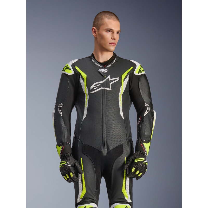 Combinaison de moto Alpinestars GP TECH V5 en cuir monobloc noir-blanc-jaune fluo