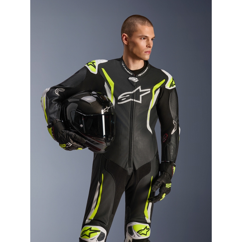 Combinaison de moto Alpinestars GP TECH V5 en cuir monobloc noir-blanc-jaune fluo