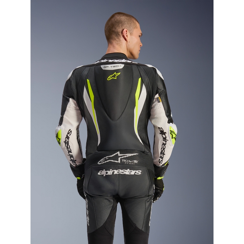 Combinaison de moto Alpinestars GP TECH V5 en cuir monobloc noir-blanc-jaune fluo