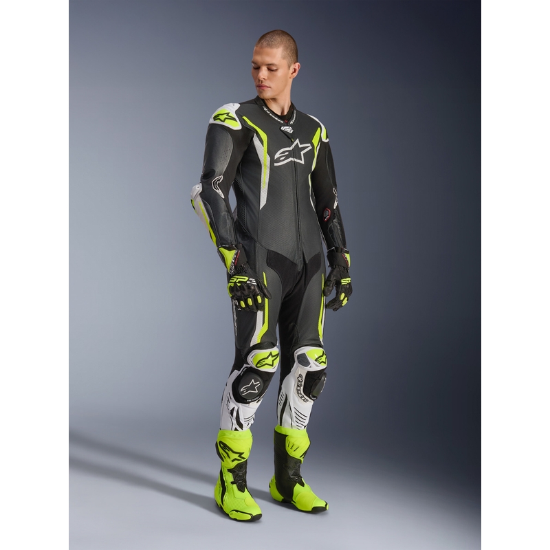 Combinaison de moto Alpinestars GP TECH V5 en cuir monobloc noir-blanc-jaune fluo