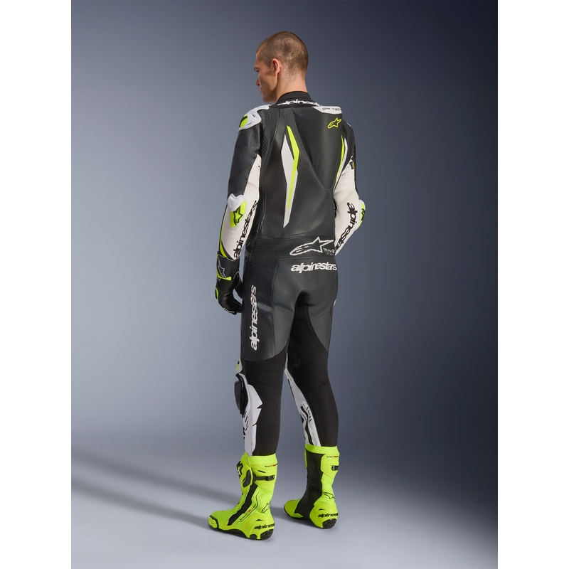 Combinaison de moto Alpinestars GP TECH V5 en cuir monobloc noir-blanc-jaune fluo