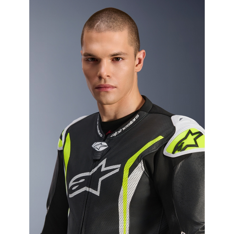 Combinaison de moto Alpinestars GP TECH V5 en cuir monobloc noir-blanc-jaune fluo