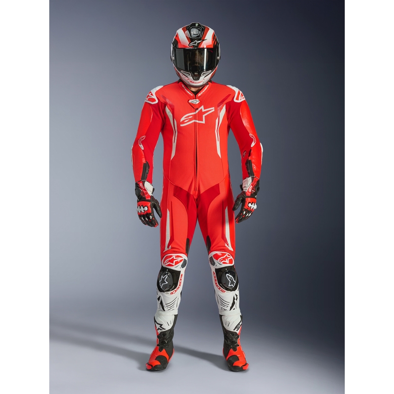 Combinaison de moto Alpinestars GP TECH V5 en cuir monobloc rouge fluo-rouge-blanc