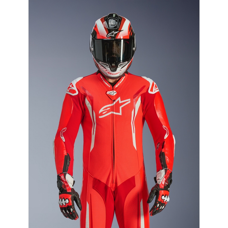 Combinaison de moto Alpinestars GP TECH V5 en cuir monobloc rouge fluo-rouge-blanc