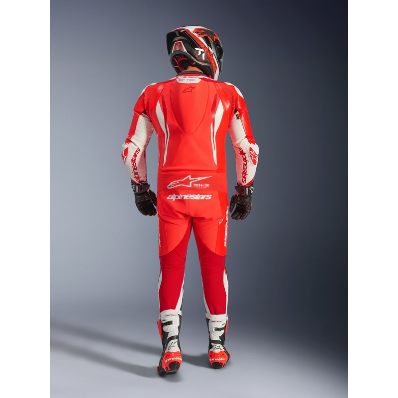 Combinaison de moto Alpinestars GP TECH V5 en cuir monobloc rouge fluo-rouge-blanc