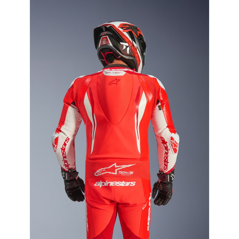 Combinaison de moto Alpinestars GP TECH V5 en cuir monobloc rouge fluo-rouge-blanc