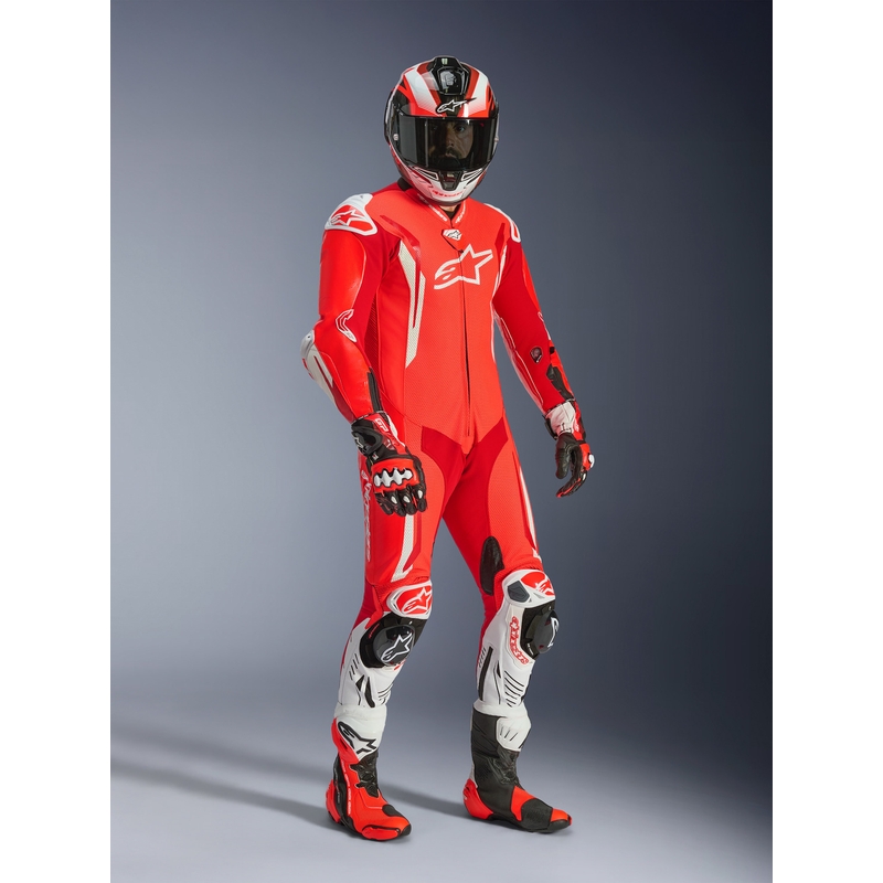 Combinaison de moto Alpinestars GP TECH V5 en cuir monobloc rouge fluo-rouge-blanc