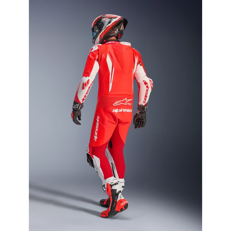 Combinaison de moto Alpinestars GP TECH V5 en cuir monobloc rouge fluo-rouge-blanc