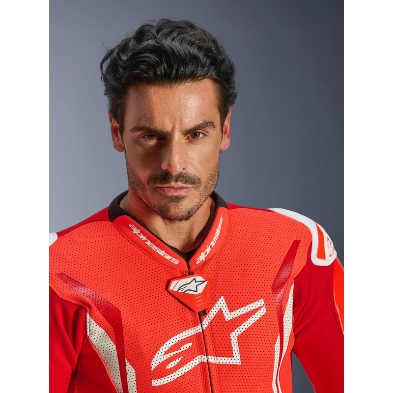 Combinaison de moto Alpinestars GP TECH V5 en cuir monobloc rouge fluo-rouge-blanc