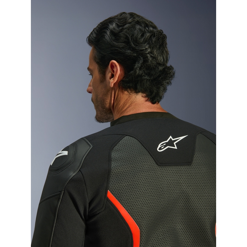 Blouson de moto en cuir Alpinestars GP Force V2 Airflow noir-rouge fluo-blanc