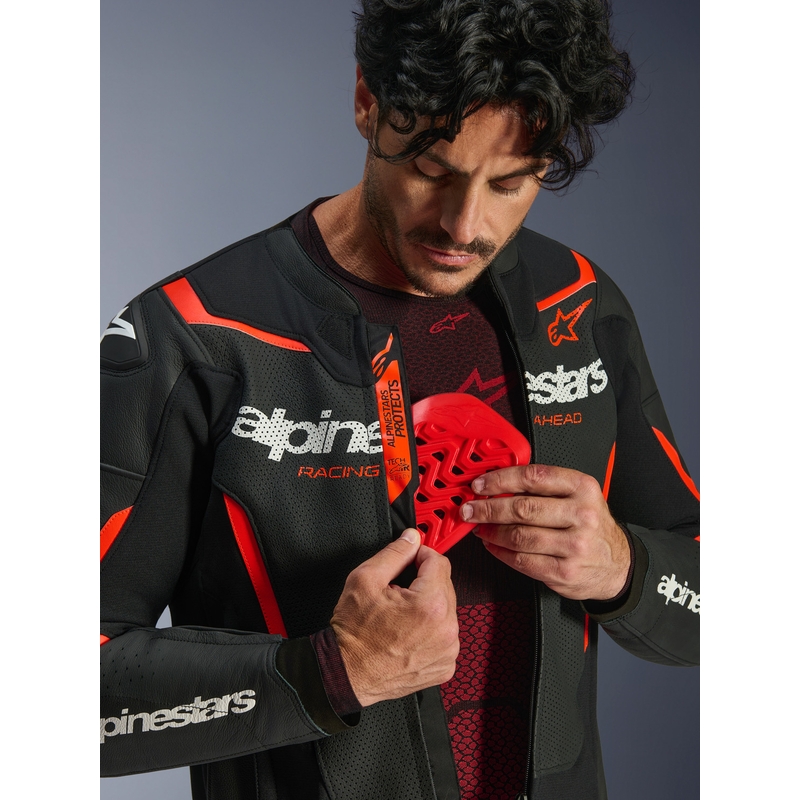 Blouson de moto en cuir Alpinestars GP Force V2 Airflow noir-rouge fluo-blanc