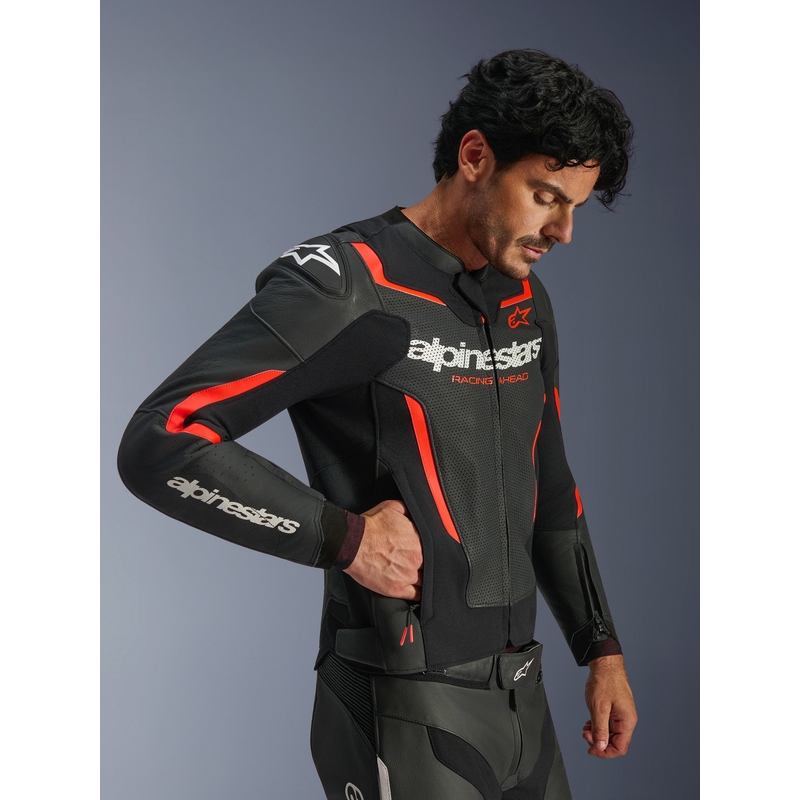 Blouson de moto en cuir Alpinestars GP Force V2 Airflow noir-rouge fluo-blanc