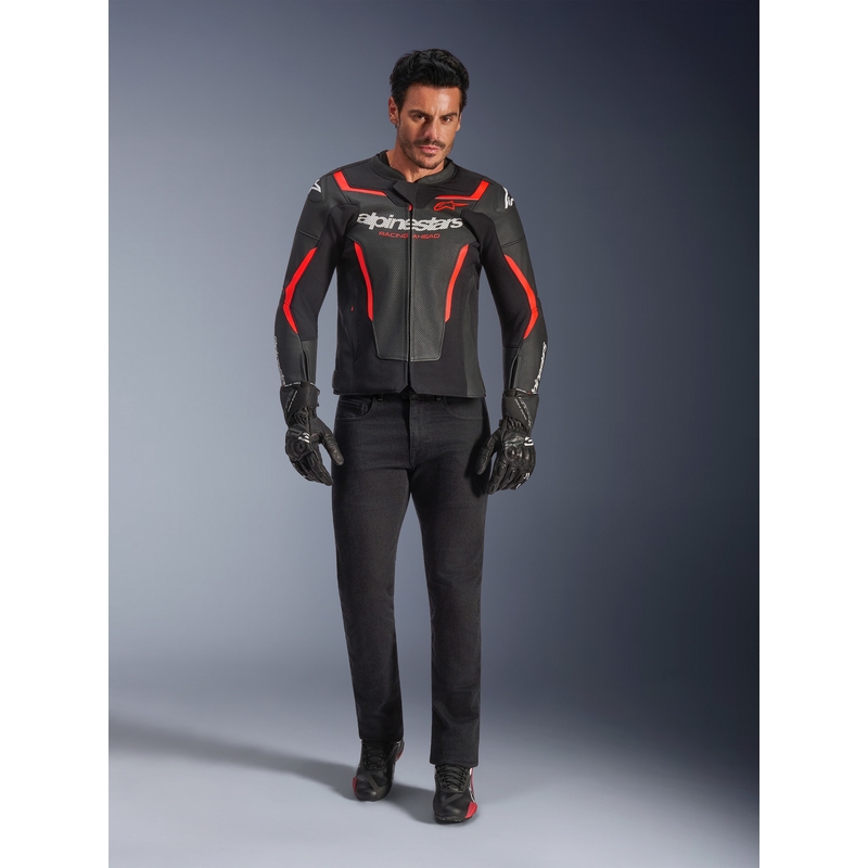Blouson de moto en cuir Alpinestars GP Force V2 Airflow noir-rouge fluo-blanc
