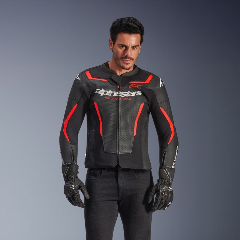 Blouson de moto en cuir Alpinestars GP Force V2 Airflow noir-rouge fluo-blanc