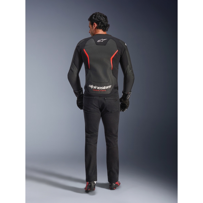 Blouson de moto en cuir Alpinestars GP Force V2 Airflow noir-rouge fluo-blanc