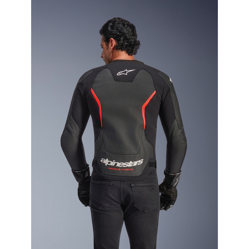 Blouson de moto en cuir Alpinestars GP Force V2 Airflow noir-rouge fluo-blanc
