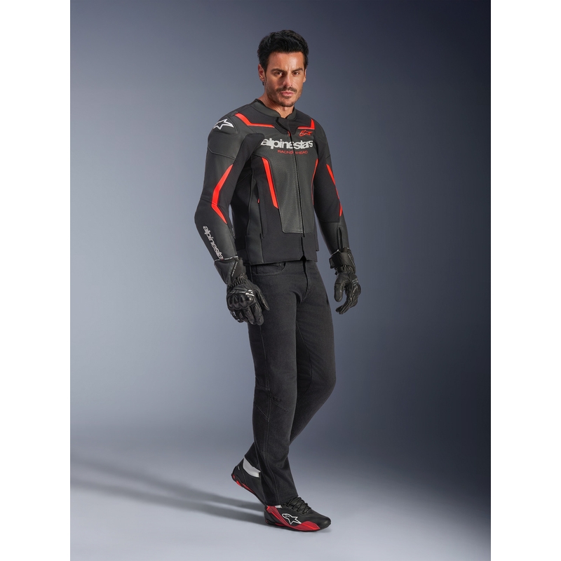 Blouson de moto en cuir Alpinestars GP Force V2 Airflow noir-rouge fluo-blanc