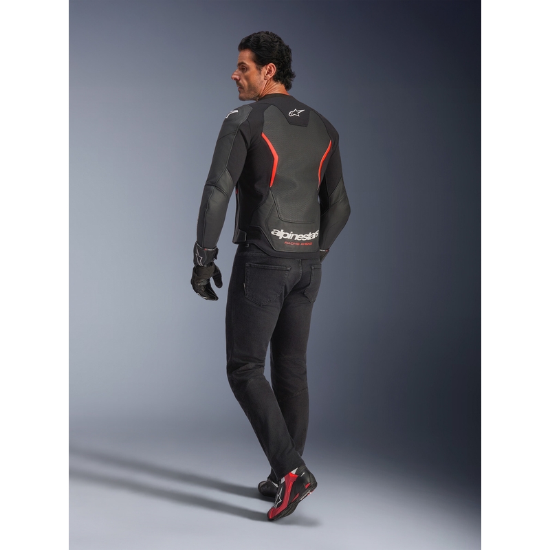 Blouson de moto en cuir Alpinestars GP Force V2 Airflow noir-rouge fluo-blanc