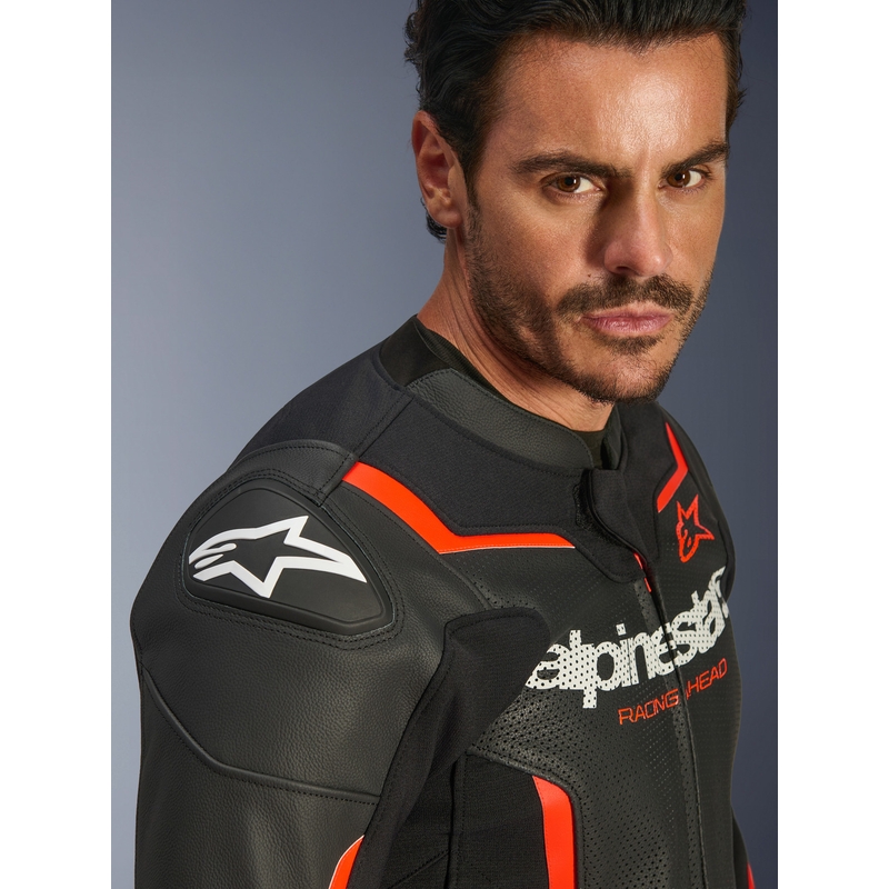 Blouson de moto en cuir Alpinestars GP Force V2 Airflow noir-rouge fluo-blanc