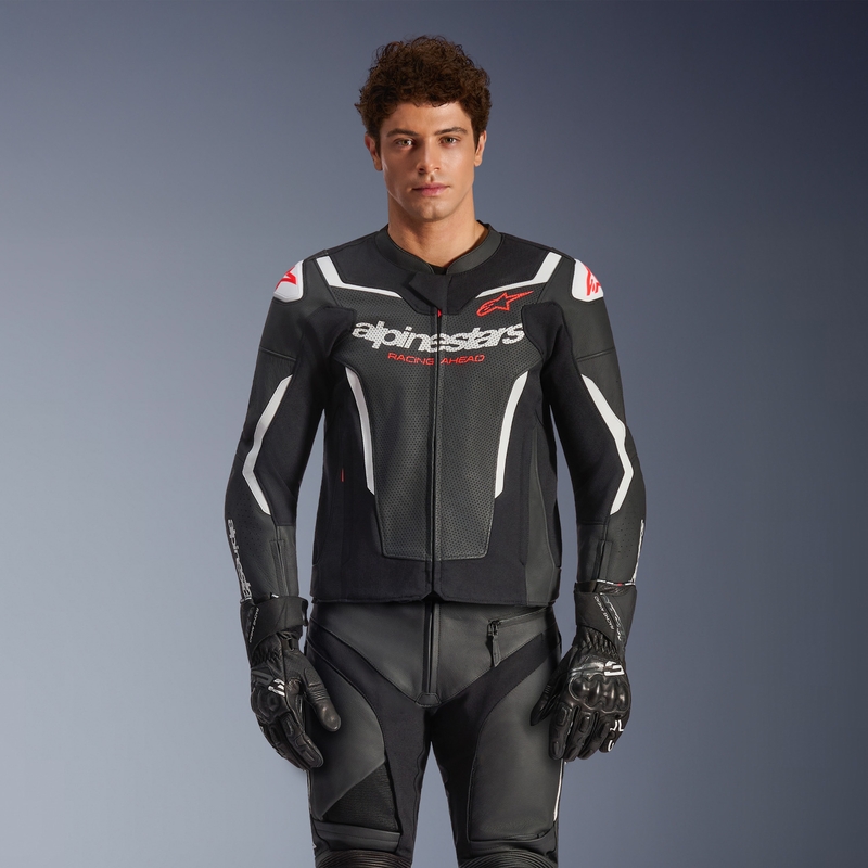 Blouson de moto en cuir Alpinestars GP Force V2 Airflow noir et blanc